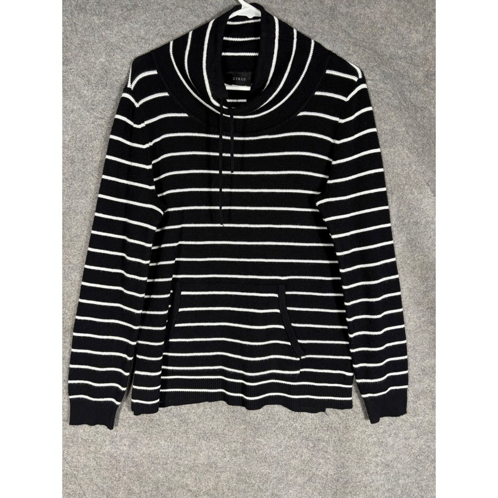 Cyrus Womens Striped Cowl Neck Knit Sweater Black White Drawstring Pocket Size M